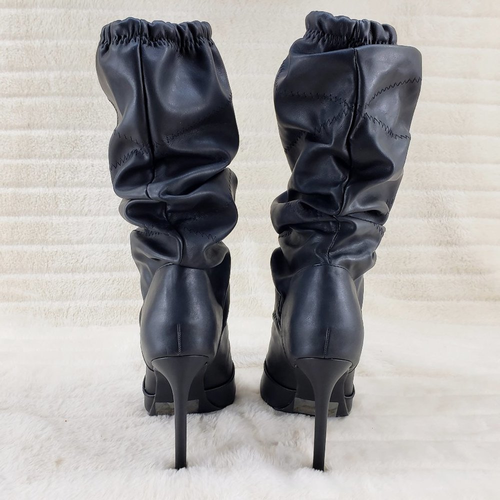 Black Square toe Scrunch Slouch Mid Calf Pull On Heeled boots Resto… - Picture 8 of 15